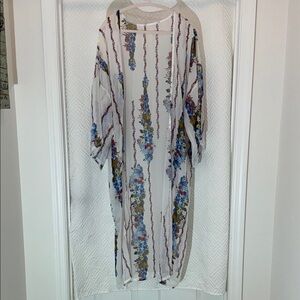 Sheer Floral Stripe Kimono Duster - White with Blue & Green Floral